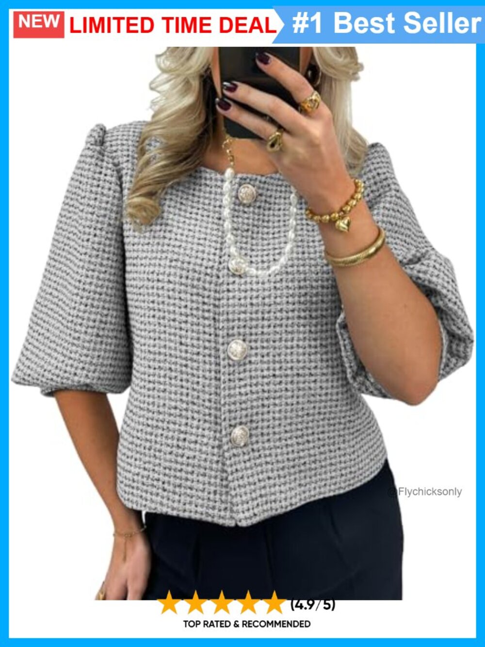 Cropped Tweed Blazer Puff Short Sleeve Business Casual Jacket